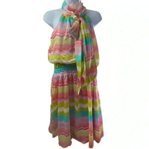 Jessica Simpson Y2K Chiffon Colorful Striped Halter Dress